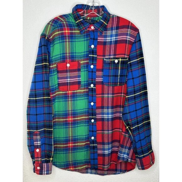 Polo Ralph Lauren Shirt Mens Medium Plaid Patchwork Flannel Button Down Strap - Picture 2 of 13